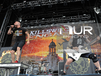 Jesse Leach (L) and Mike D'Antonio with Killswitch Engage perform during River City Rockfest at the AT&T Center on May 24, 2014 in San Anton...