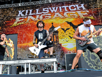 (L-R) Jesse Leach, Mike D'Antonio and Adam Dutkiewicz with Killswitch Engage perform during River City Rockfest at the AT&T Center on May 24...