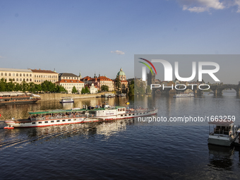 Ship passing  the Vltava river in front of Charles bridge is seen on 1 May 2012 in Prague (Praha) Czech Republic capital.  by Michal Fludra/NurPhoto