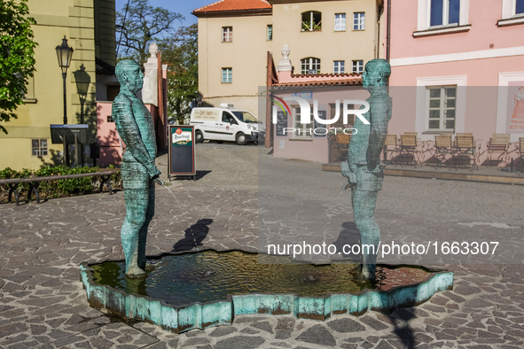 Pissing Men fountain by David Cerny is seen on 2 May 2012 in Prague (Praha) Czech Republic capital.  by Michal Fludra/NurPhoto