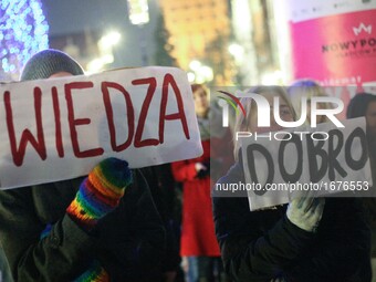 Protesters holding banners with anti-governmental slogan are seen on 25 January 2017  in Gdansk, Poland. Over hundred of students gathered t...