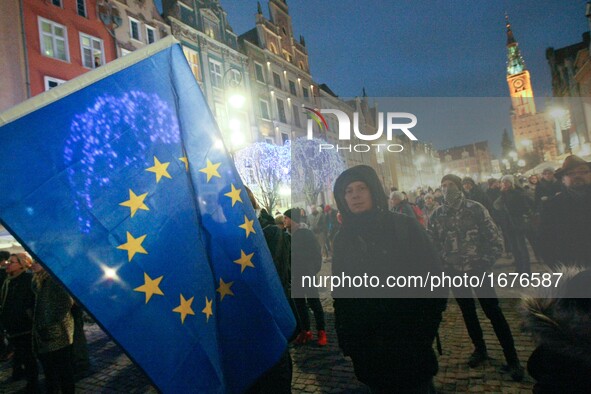Protesters holding European Union (EU) flag are seen on 25 January 2017  in Gdansk, Poland. Over hundred of students gathered to protest the...