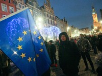 Protesters holding European Union (EU) flag are seen on 25 January 2017  in Gdansk, Poland. Over hundred of students gathered to protest the...