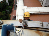 Groups of nature l from various organizations clean up the sound tower southeast asia's largest Istiqlal Mosque on February 14, 2017. The fi...