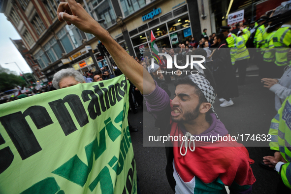 Thousands of UK supporters gathered outside the Israeli Embassy in London against the on-gong air strikes in Gaza by Israeli military forces...