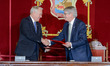 Spanish Minister of Foreign Affairs Alfonso Maria Dastis (R) shakes hands with French Fore...