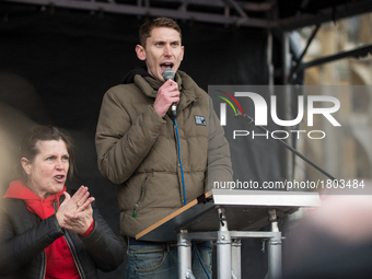 Sam Fairbairn, Secretary of People's Assembly Against Austerity, giving a speech in Parliament Square at  "It's our NHS" - National Demonstr...
