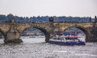 View of the Charles Bridge, an historic bridge that crosses the Vltava river in Prague, Cz...