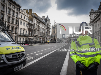 Police officers  in London, on March 23, 2017. Police continue investigations after the terror attack in London yesterday in which a car was...