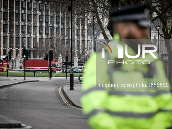 A police officer in London, on March 23, 2017. Police continue investigations after the terror attack in London yesterday in which a car was...