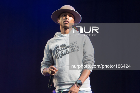 Pharrell Williams performs on the main stage at T in the Park Festival, Balado, Scotland UK on 12th July 2014