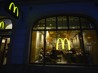 A night view of the McDonald's restaurant on Florianska Street in Krakow city center on Thursday, April 7, 2017, in Krakow, Poland. (