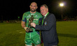 John Muldoon of Connacht with Connacht Rugby President Pat Piggott after the Guinness PRO1...