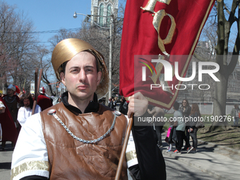 A participant playing the role of a Roman soldier during the Good Friday procession in Little Italy in Toronto, Ontario, Canada, on April 14...