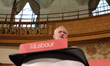 Jeremy Corbyn, leader of the U.K. opposition Labour party, gestures as he delivers his fir...