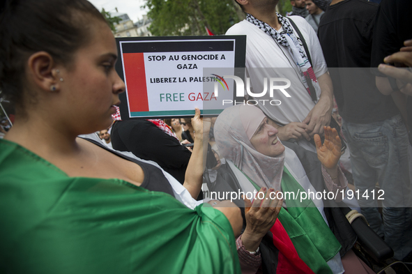 Pro-Palestinian protesters gather at Place de La Republique during a banned demonstration in support of Gaza, in Paris, France, Saturday, Ju...