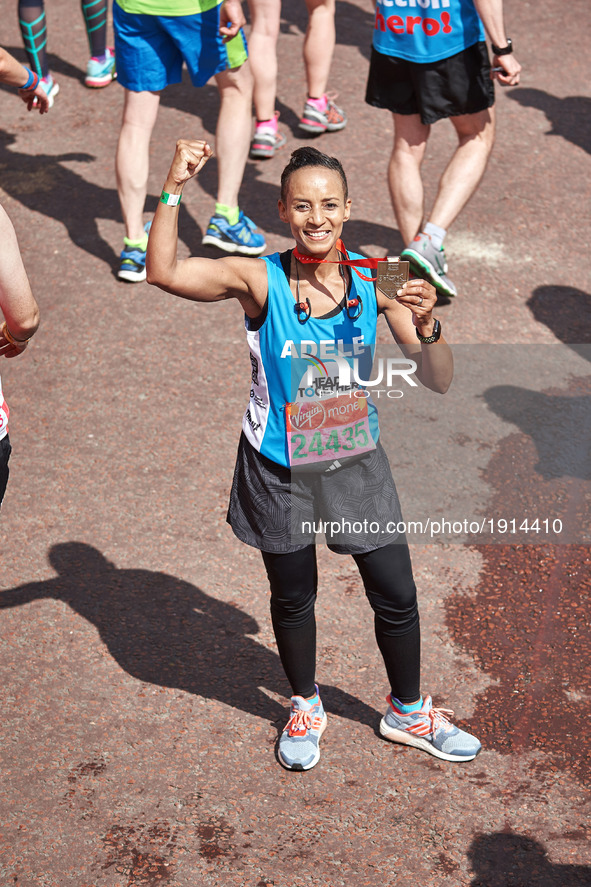 Adele Roberts poses for a photo after completing the Virgin London Marathon on April 23, 2017 in London, England.  