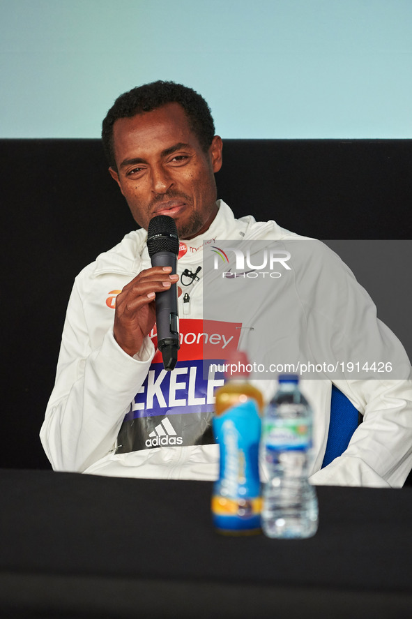 Second placed Ethiopia's Kenenisa Bekele during a press conference after winning the men's elite race at the London marathon on April 23, 20...