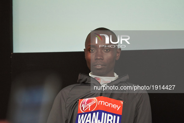 Men's elite winner Kenya's Daniel Wanjiru during a press conference after winning the men's elite race at the London marathon on April 23, 2...