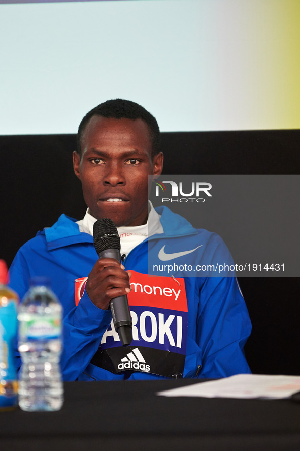 Bedan Karoki of Kenya  during a press conference after winning the men's elite race at the London marathon on April 23, 2017 in London. 