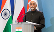 Vice President of India Mohammad Hamid Ansari during the press conference at Chancellery o...