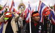 Thai worker hold up flag during parade to celebrate for Labour Day in on 1st May 2017 in B...
