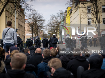 Antifa activists blocked the Neonazi route with civil unrest in Halle, Germany, on 1st May 2017.  The far right party Die Rechte (The right)...