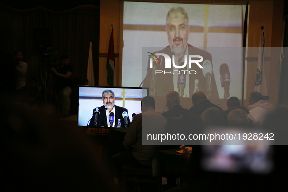 Members of Hamas gather to watch a televised speech of Exiled Hamas Chief Khaled Meshaal, in Gaza City on May 1, 2017. 