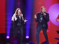 Valentina Monetta and Jimmie Wilson from San Marino perform with the song "Spirit of the Night", during the Second Semi-Final of the Eurovis...