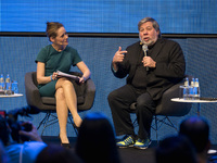 Co-Founder of Apple Steve Wozniak speaks with CNN Correspondent and Anchorwoman Nina Dos Santos on the stage during the last day of the Cube...