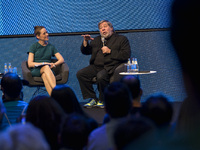 Co-Founder of Apple Steve Wozniak speaks with CNN Correspondent and Anchorwoman Nina Dos Santos on the stage during the last day of the Cube...