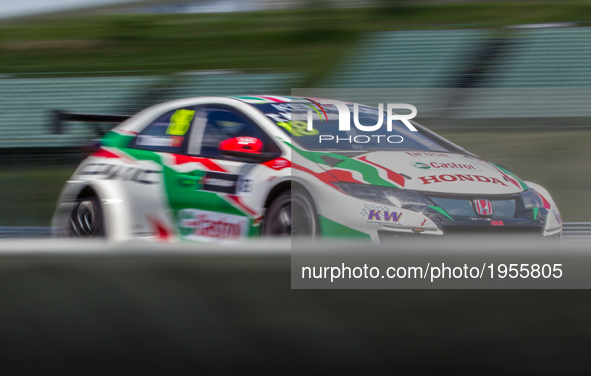 Tiago Monteiro of Portugal and Honda Racing Team JAS driver during the race on the Hungarian WTCC Grand Prix race day at Hungaroring on May...