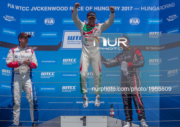 Tiago Monteiro, Tom Chilton and Rob Huff on the podium after the open race on the Hungarian WTCC Grand Prix race day at Hungaroring on May 1...