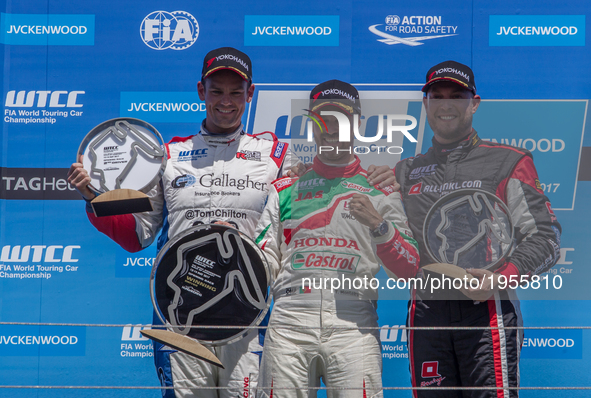 Tiago Monteiro, Tom Chilton and Rob Huff on the podium after the opening race on the Hungarian WTCC Grand Prix race day at Hungaroring on Ma...
