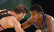 Gilbert Emilie for Mauritius competes against Kushan Sandrage for Sri Lanka at Wrestling a...