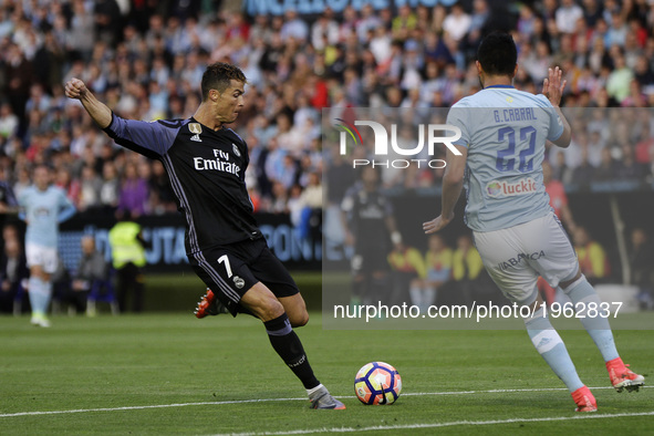  Cristiano Ronaldo forward of Real Madrid (7)  shoots on goal and scores a goal during the La Liga Santander match between Celta de Vigo and...