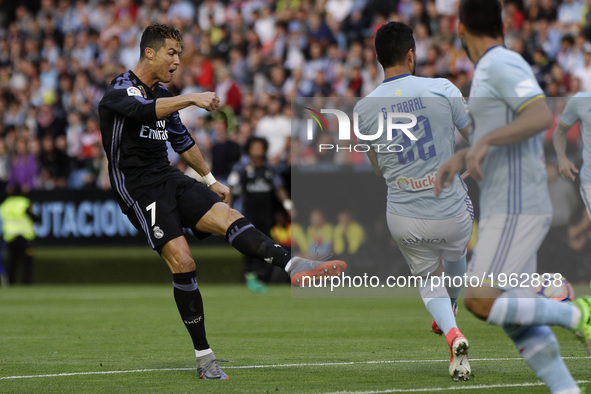  Cristiano Ronaldo forward of Real Madrid (7)  shoots on goal and scores a goal during the La Liga Santander match between Celta de Vigo and...