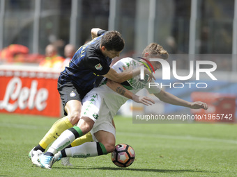 Marco Andreolli of Inter player and Domenico Berardi of Sassuolo player during the Serie A match between FC Internazionale and US Sassuolo a...