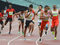 Bahrain Relay leads ahead of Turkish Relay during Men's 4 x 400 Relay final, during day five of Athletics at Baku 2017 - 4th Islamic Solidar...