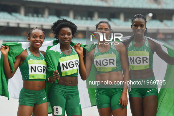 Nigeria team celebrate after taking the second place in Women's 4 x 400 Relay final, during day five of Athletics at Baku 2017 - 4th Islamic...