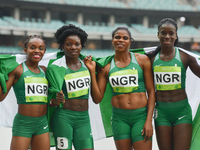Nigeria team celebrate after taking the second place in Women's 4 x 400 Relay final, during day five of Athletics at Baku 2017 - 4th Islamic...