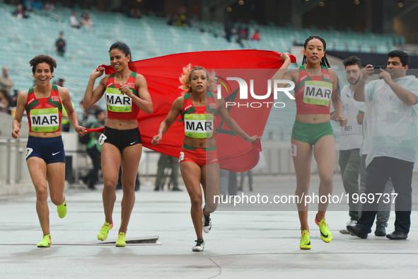 Morocco team celebrate after taking the third place in Women's 4 x 400 Relay final, during day five of Athletics at Baku 2017 - 4th Islamic...