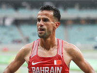 Sadik Mikhou of Bahrain just after his win in Men's 1500m final, during day five of Athletics at Baku 2017 - 4th Islamic Solidarity Games at...