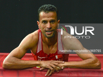 Happy Sadik Mikhou of Bahrain poses for a picture after his win in Men's 1500m final, during day five of Athletics at Baku 2017 - 4th Islami...