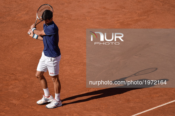 Novak Djokovic (SRB) looks dejected against Alexander Zverev (GER) during the ATP Tennis Open final Internazionali BNL D'Italia at the Foro...