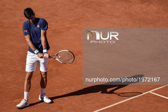 Novak Djokovic (SRB) looks dejected against Alexander Zverev (GER) during the ATP Tennis Open final Internazionali BNL D'Italia at the Foro...