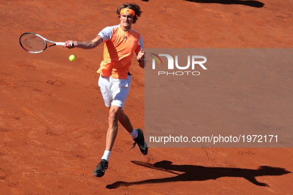 Alexander Zverev of Germany in action during the men's Final against Novak Djokovic of Serbia on Day Eight of the Internazionali BNL d'Itali...