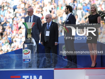 President of the Italian Football Federation Carlo Tavecchio with the cup of Scudetto 2016/17 which will be delivered to Juventus after the...