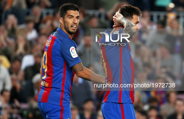Leo Messi and Luis Suarez during La Liga match between F.C. Barcelona v S.D. Eibar, in Barcelona, on May 21, 2017.  