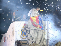 Sergio Ramos and Marcelo of Real Madrid CF salutes from the statue of the godess of Cibeles at Cibeles square after winning the La liga titl...